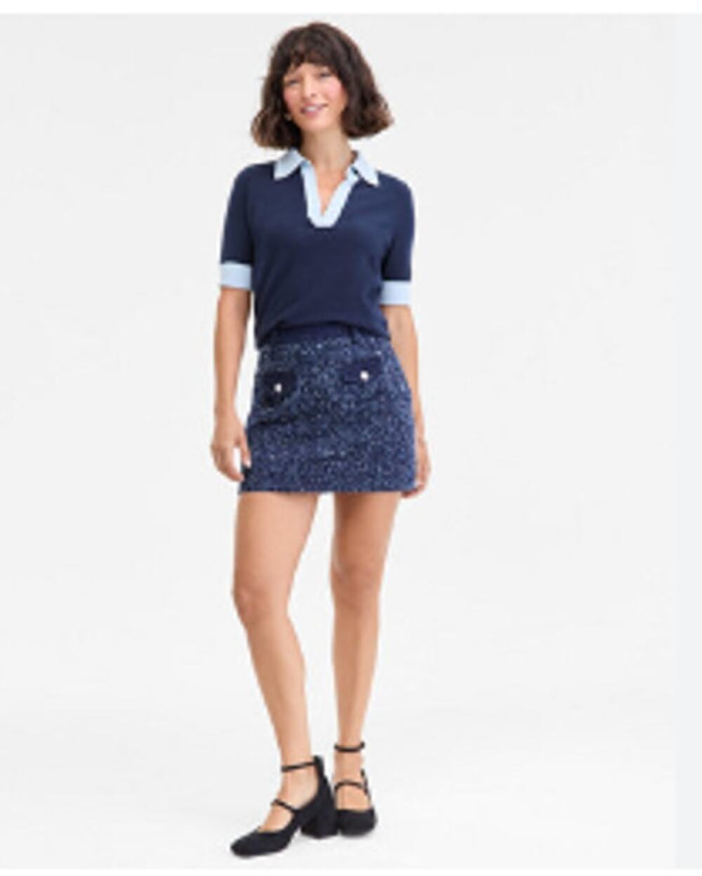 On 34th Denim-Trim Tweed Mini Skirt Navy Size 10 NWT Macy’s Exclusive